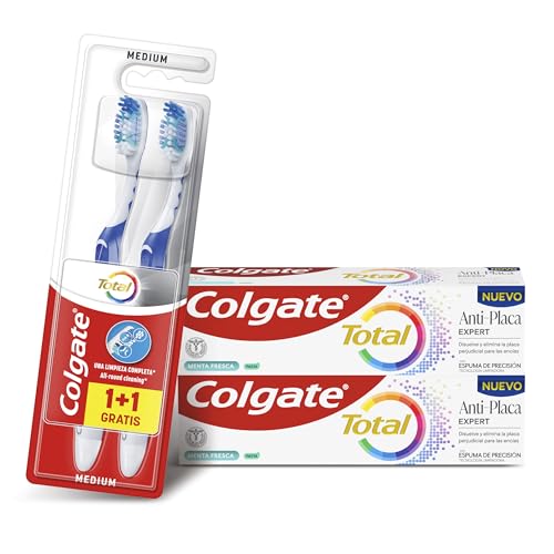 COLGATE - Pack de 2 Pastas de Dientes Total Anti-Placa Expert sabor Menta Fresca + 2 Cepillos de Dientes Colgate Total Dureza Media - Limpieza Completa y Profunda - Elimina la Placa