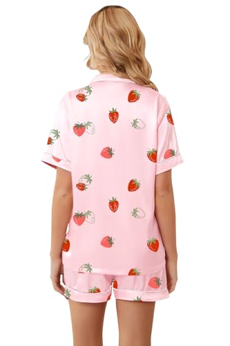Image of Umeyda Women & Girls Pajamas Set, 2 Piece PJS Satin Silk Sleepwear Button-Down Top with Shorts for Mom Kids Gifts