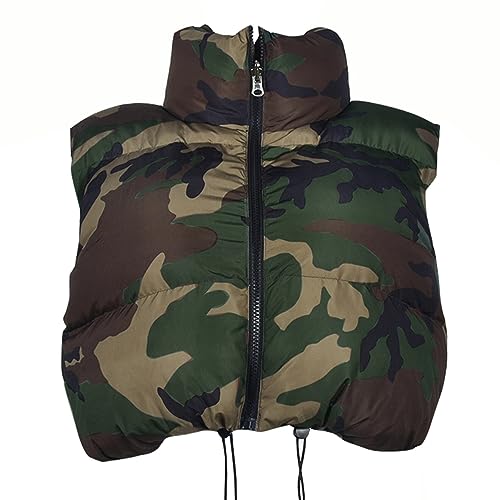 Womens Winter Quilted Vest Camouflage Sleeveless Heated Jacket Outerwear Trendy Drawstring Zip Stand Collar Warm Coat