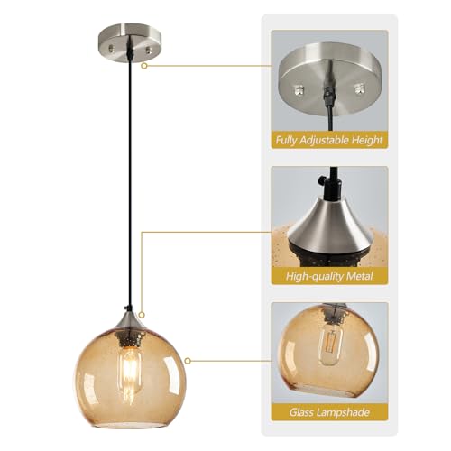 Image of Light Brown Glass Pendant Lights Kitchen Island Lighting Globe Pendant Light Fixtures Modern Pendant Lighting for Bedroom Living Dining Room Light Fixture (7.87 in, 3 Pack)