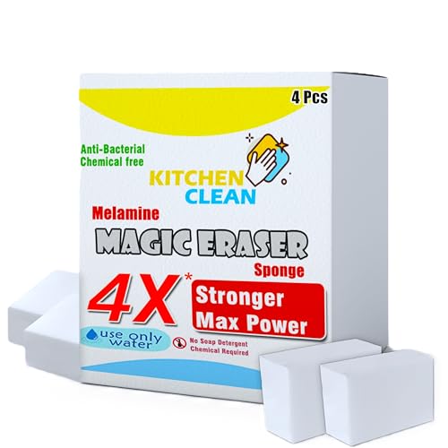 Kitchen Clean 4X Stronger Magic Eraser wall, Stain Remover Scrub Sponge, Chemical Free Happy Planet Magic Eraser for Home Cleaning, Switch Boards, Counter Tops, Stove, Tile, Taps (Pack of 4)