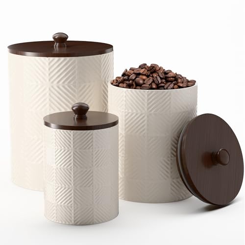 Ceramic Canisters Sets for the Kitchen - Kitchen Canisters for Countertop with Airtight Bamboo Lids - Ceramic Canister Set of 3 for Flour, Sugar, Tea or Spice - Airtight Coffee Canister