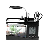 CZA Multifunktionales Aquarium Mit LED-Licht/Stifthalter/LCD-Display/Wecker - USB Kleines Ökologisches Aquarium Für Die Bürodekoration Im Schlafzimmer,Schwarz