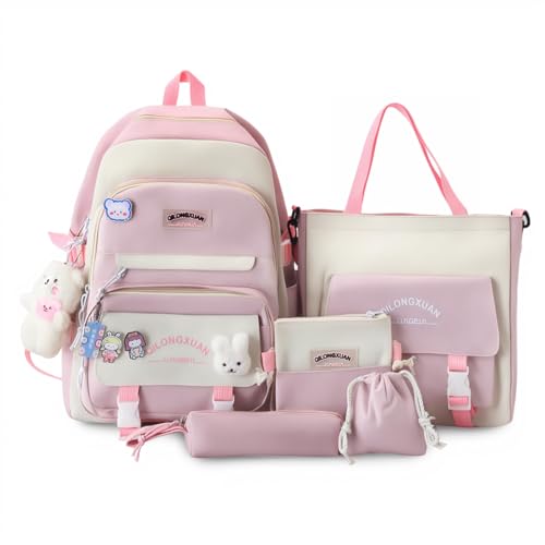 IvyH Schulranzen-Set 5-teilig, Schultasche Mädchen Rucksack Schule Teenager Schulrucksack für Mädchen der 3. bis 7. Klasse, School Bag Set mit Einkaufstasche Federmäppchen Brustbeutel,45 cm-Rosa
