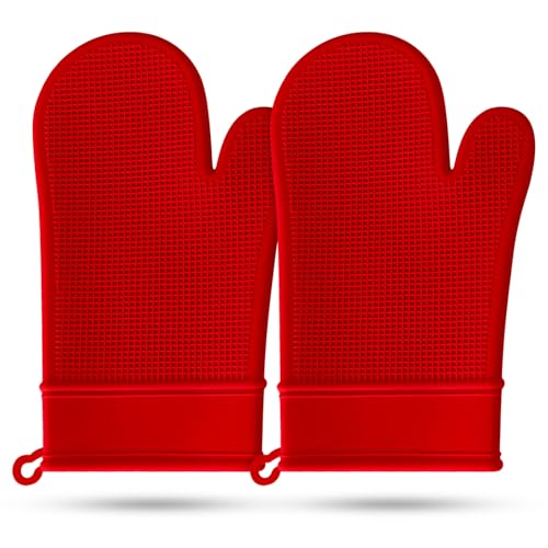 Guanti da forno in silicone resistente al calore per 550 gradi, impermeabili e antiscivolo, set di 2 guanti da forno per cottura, barbecue, microonde, lavabili in lavatrice, lunghezza 29,5 cm (rosso)