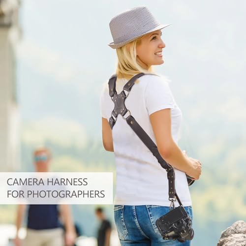 Peitoral para câmera, alça de ombro dupla de couro para fotógrafo, arnês de câmera dupla para 2 câme