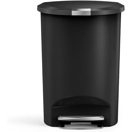 simplehuman 50 Liter / 13 Gallon Semi-Round Kitchen Step Trash Can with Secure Slide Lock, Black Plastic