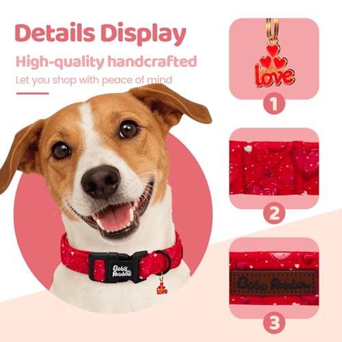 Image of Valentine's Lovely Red Heart Print Dog Collar for Medium Dogs | Valentine Pet Outfit,Wedding,Anniversary,Daily Walks,Adjustable,Cotton Fabric,Quick Release Plastic Buckle,Pendant,Female Dog