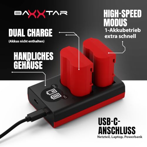 Baxxtar Dual Ladegerät für Nikon EN-EL15 / EN-EL15a / EN-EL15b / EN-EL15c Akkus – mit LCD-Anzeige, USB-C & Micro-USB Eingang… – Ansicht 4