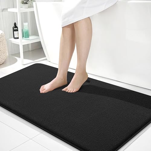 Image of OLANLY Thick Memory Foam Bathroom Runner Rugs 44x24, Extra Soft Absorbent Long Bath Rug, Quick Dry Bath Mats, Non-Slip, Machine Washable Mat for Bathroom, Tub and Shower, Home Decor Accessories, Black