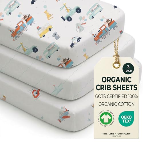 100% Organic Cotton Crib Sheets (3-Pack) - GOTS Certified Bedside Crib Sheets - Fits Up To 140x70 cm / 28x52 Inches - Breathable & Naturally Cooling - Double-Elastic for Secure Fit & Extra Protection