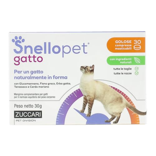 Zuccari Snellopet Gatto, 30 Compresse Masticabili, Con L-Carnitina, Trigonella, Glucomannano e Erba Gatta, Supporto per il Controllo del Peso nei Gatti di Tutte le Taglie