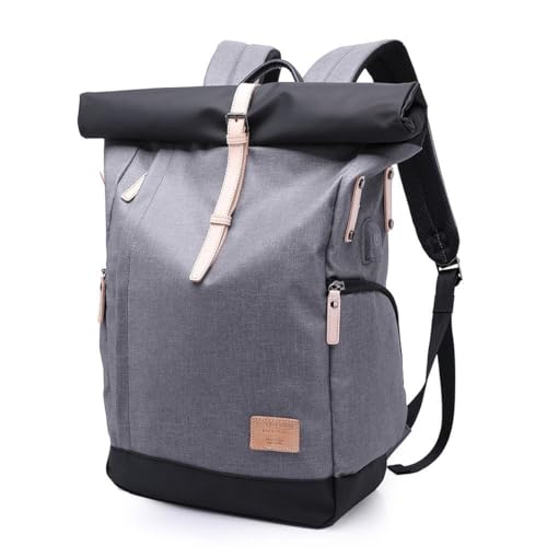 BANGE Mochila Notebook Impermeável Bolsa Executiva com USB Reforçada com Detalhes em Couro (Cinza Claro)