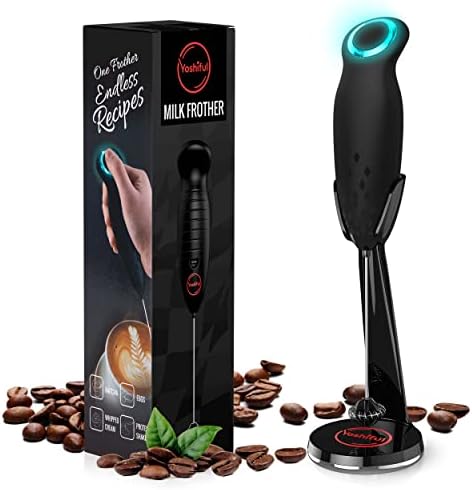 YOSHIFUL Milk Frother for Coffee with Deluxe Stand - Coffee Frother Handheld Foam Maker for Lattes - Turbine Whisk Drink Mixer Handheld - Frother Wand Stirrers Electric for Cappuccino, Matcha - Black