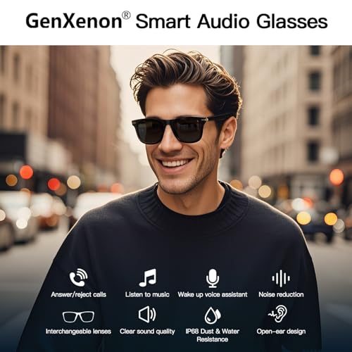 Image of Smart Sunglasses for Men Women, UV400 Polarised Interchangeable Lenses Sunglasses, Bluetooth Glasses with Speakers, IP68 Waterproof, Noise Cancelling,85 Mah Battery for Sports Outdoor Activities-Black
