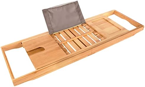 Premium Bath Caddy - Extendable Bamboo Wood Bathtub Tray with Adjustable Reading Rack for Book, iPad or Kindle - Tablet Slot or Cellphone - Wine Glass Holder