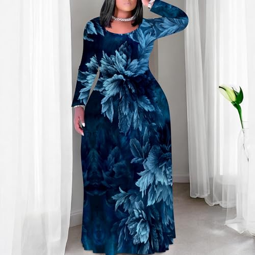 Image of PinkPatty Plus Size Maxi Dress for Curvy Women Crew Neck Long Sleeves Casual Dress Vacation Sundresses with Pockets