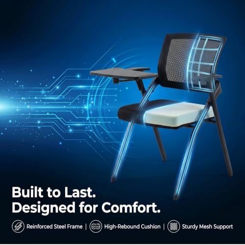 Image of Folding Training Chairs with Desk Attached, Office Meeting Chair with Writing Tablet & Cup Holder, Space-Saving Nesting Stackable Chairs with wheel for Conference Room,Seminar, Classroom Chair,Black∰w