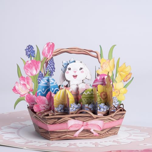 PALOX CRAFTS Easter Bunny Pop Up Card – 3D Happy Easter Card with Basket, Eggs & Spring Flowers – Cute Greeting Card for Kids & Adults – 10” x 7”