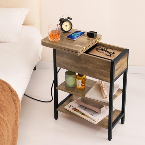 Image of Yoobure End Table with Charging Station, Flip Top Side Table with USB Ports and Outlets, Sofa Couch Table Bedside Table for Living Room Bedroom, Narrow Nightstand with Storage Shelves for Small Space