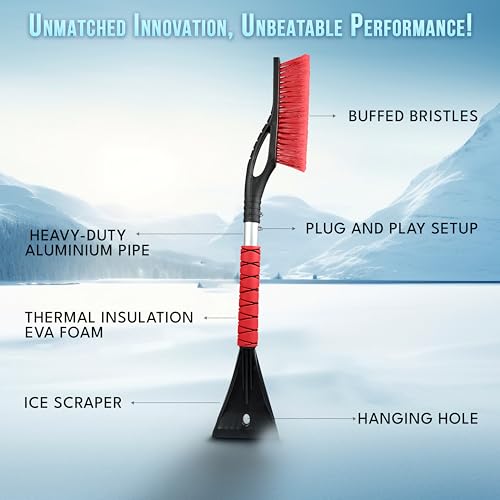 Image of EcoNour 27 inch Aluminum Car Snow Scraper and Brush (Red) Scratch-Free Scraper