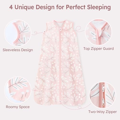 Baby Sleep Sack 12-18 Months 3 Pack 100% Cotton Lightweight 0.5 TOG Wearable Blanket Baby Sleep Bag with 2-Way Zipper for Newborn Infant Pink Flowers & Leaf3