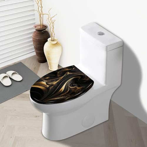 WHFEOIV9RE Elongated Toilet Seat Abstract Marble Fluid Art Painting Alcohol Ink Style Black Gold Resin Slow Quiet Close with Quick-Release Hinges Easy to Clean Install - Image 7