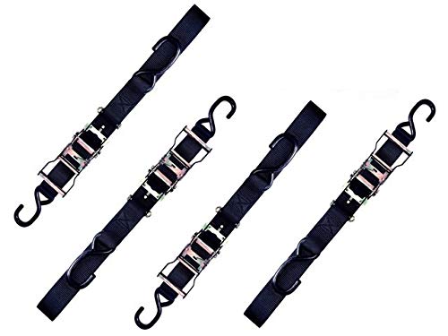 Set of 4 Heavy Duty Ratchet Tie Down Straps 7'-8' Truck Trailer Hauling Polaris ATV Side by Sides 1.5" Inch Wide Strap Harley Motorcycle Handlebar Rubber Coated Hooks Clips or Soft Loop Loops Attached