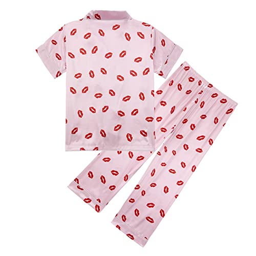 Girls Lips Print Silk 𝐏ajamas Set 2 Piece Kids Cute Satin Short Sleeve Lapel Soft 𝐏𝐣𝐬 𝐁uttons Pocket2