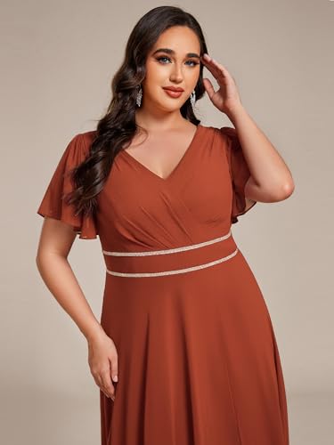 Image of Ever-Pretty Plus Women's Chiffon V-Neck Beading Ruffles Sleeves Maxi High Low Plus Size Formal Dresses