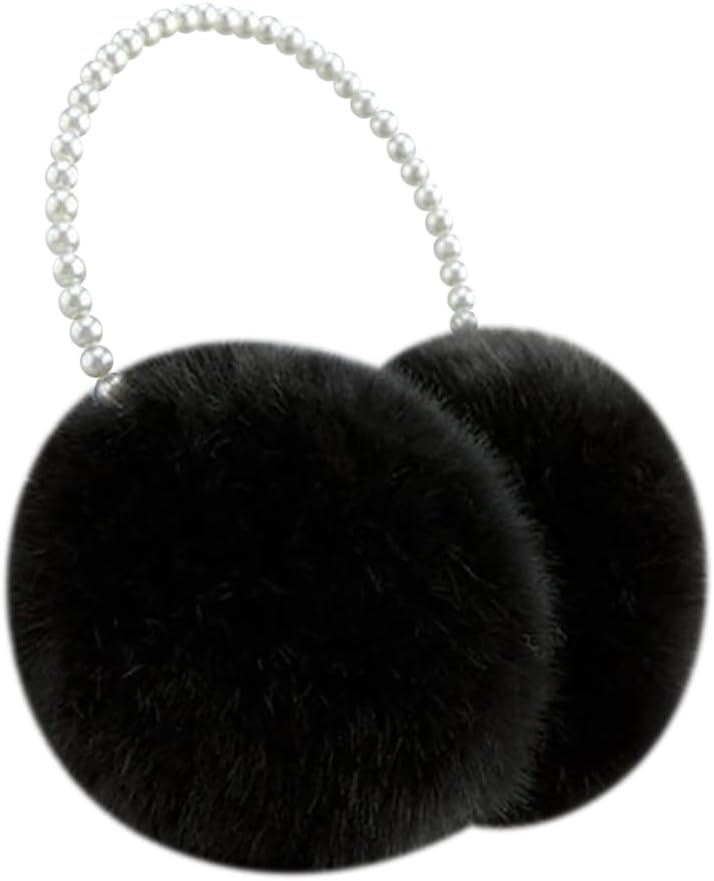 Soft Plush Earmuffs Outdoor Ear Warmers Furry Ear Muffs Cute Warm Ear Cover Winter Ear Protectors Cold Weather Fluffy Earmuffs with Pearl Headband Black