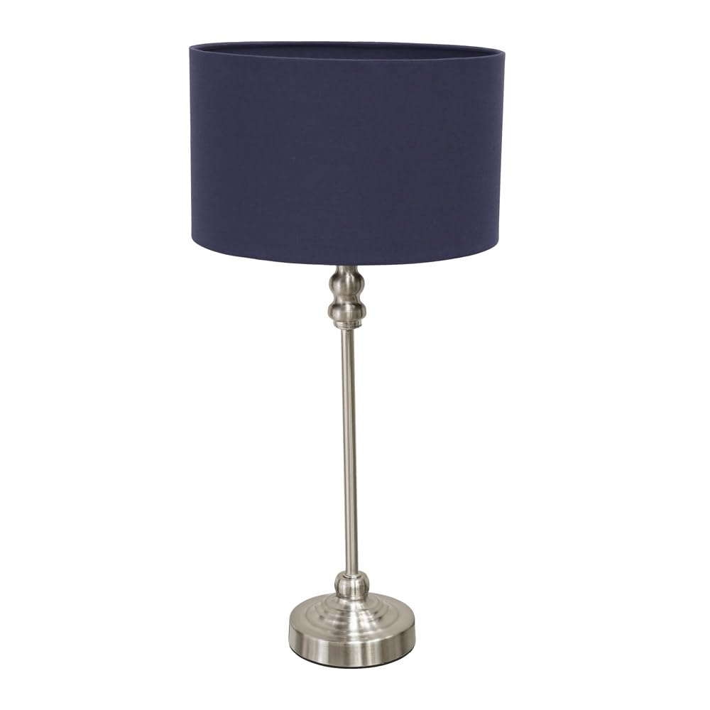 Valuelights Unisex Navy Maggie Brushed Chrome Candlestick Slim Table Lamp With Fabric Drum Lamp Shade In