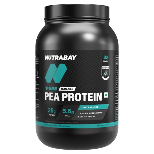 Nutrabay Pure Pea Protein Isolate - 25.3g Protein 5g BCAA Vegan Plant Protein for Muscle Growth & Recovery - 1 Kg Unflavoured