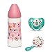 Suavinex - Set biberon 360 ml avec tétine anatomique en silicone + Sucette pour bébé de 6 à 18 mois avec tétine anatomique en silicone + broche Motif pique-nique rose. Pack exclusif Amazon 306246