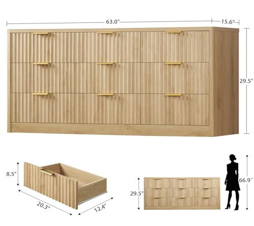 Image of TEENFON 63 inch Dresser for Bedroom with 9 Drawers, Modern Dressers & Chest of Drawers with Metal Handles, Fluted Dresser, Wood Closet Clothes Storage Organizer for Living Room, Hallway, Natural