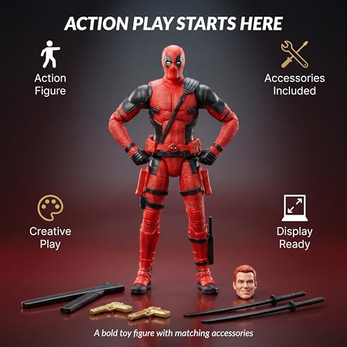 Image of Premium Deadpool Action Figure Collectible, Superhero Display Toy with Weapons, Extra Face & Articulated Design