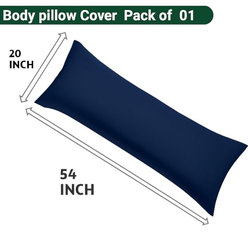 Image of 100% Cotton 600 TC Body Pillow Cover - Ultra Soft & Breathable Long Pillowcase | Zipper Closure | 20 inchx54 inch |Navy Blue | Ideal for Pregnancy, Side Sleepers & Full Body Support