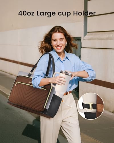 Image of LOVEVOOK 17 Inch Laptop Tote Bag for Women, Work Bag for Nurse with Large Cup Holder, Nurse Diaper Bag for Travel, Computer Women's handbags for Teacher gift, Brown-gray-black