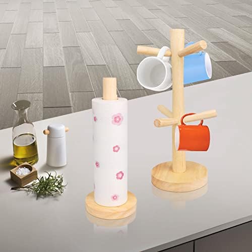 2 Pack Wooden Mug Tree and Kitchen Roll Holder Set 6 Cups Mug Holder Tree Stand and Free Standing Paper Towel Holder with Weighted Base for Kitchen Counter Tabletop Brown