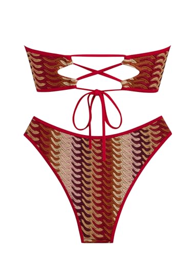 Image of ZAFUL Women Strapless Textured Bandeau Bikini 2 Piece Swimwear Cheeky Solid Lace up Bathing Suits