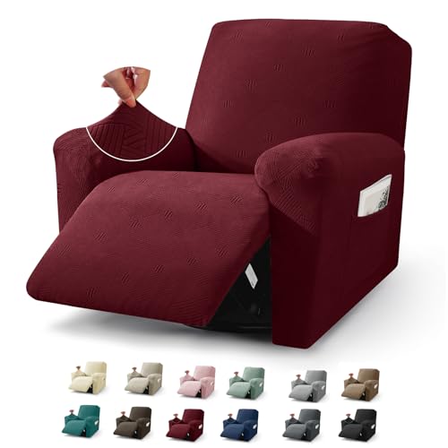 JIVINER Recliner Chair Covers, Jacquard 3 Piece Slipcovers for Recliner Chair Soft Stretch Lazy Boy 1 Seater Reclining Protector with Pockets (Recliner, Wine Red)