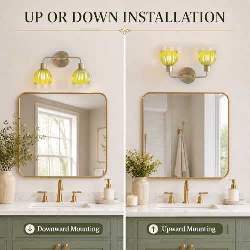 Image of 2-Light Gold Brass Bathroom Light Fixture,Wall Sconces,Brushed Gold Vanlity Light Over Mirror,Bathroom Vanity Light with Green Glass Flower Shade,E26 Socket(Bulbs Not Included)
