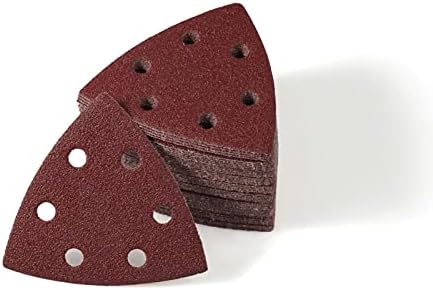 LEONTOOL 50 Pcs Triangle Sanding Pads, Detail Sandpaper 6 Holes, Hook and Loop Sanding Disc 3-1/2 Inches, 40 Grit Sanding Paper for Wood Metal Polishing