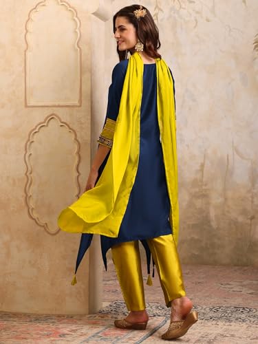 Image of EthnicJunction Women's Cotton Silk Embroidered Asymmetric Kurta Pant with Choker Dupatta Set | Wedding Outfit | Heavy | Kurta Set | Ethnic Set
