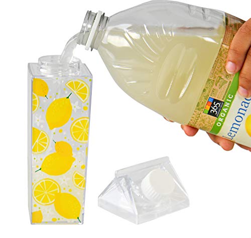 Home-X Lemon Design Milk Carton Water Bottle With Twist-Off Top, Reusable Acrylic Water Bottle For Sports, Hiking, And Travel, 16 Ounces, 8" L X 2 ½” W X 2 ½” H, Clear With Lemons #TOP2