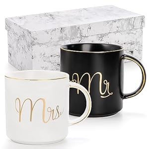 Yesland 12 oz Mr and Mrs Mug, Ceramic Coffee Mug for the Couple, Ideal Gift for Engagement, Anniversary, His and Hers, Bride and Groom, Valentines and Christmas Gifts - Set of 2 (Black & White) Yesland 12 oz Mr and Mrs Mug Ceramic Coffee Mug for the Couple Ideal Gift for Engagement Anniversary His and Hers Bride and Groom Valentines and Christmas Gifts Set of 2 Black White