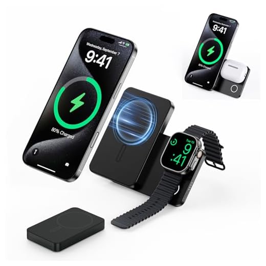 PowerBank KU XIU K2 Power Bank Magnetico 5000mAh 3-in-1, Caricatore Wireless 15W Certificato Qi2 con Stand Pieghevole, Stazione Ricarica Apple per iPhone, Apple Watch, Auricolari – Compatto per Viaggi – Nero
