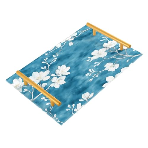 BOESI White Flowers on Blue Background Tray, Tray with Handles, Countertop Organizer, Decorative