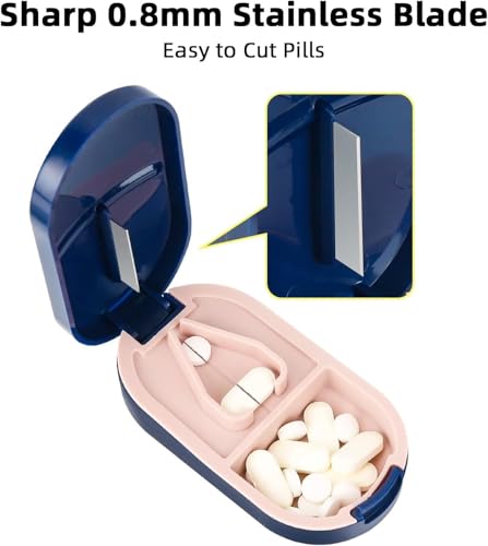 Image of Portable Pill Box Tablets Cutter, Medicine Organizer Box with Pill Cutter for Small and Large Tablets 2 in 1 Pill Storage Organizer with Tablet Cutter for Daily Use, Travel (Blue)