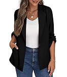 PrinStory Womens Blazer Suit Open Front Cardigan Adjustable Sleeve Casual Work Office Blazer Jacket For Ladies With Buttons Pockets (Black, 10-12)